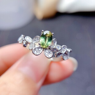 New natural green sapphire ring S925 silver inlaid main stone 4*6mm Joker net red explosions women's jewelry wholesale