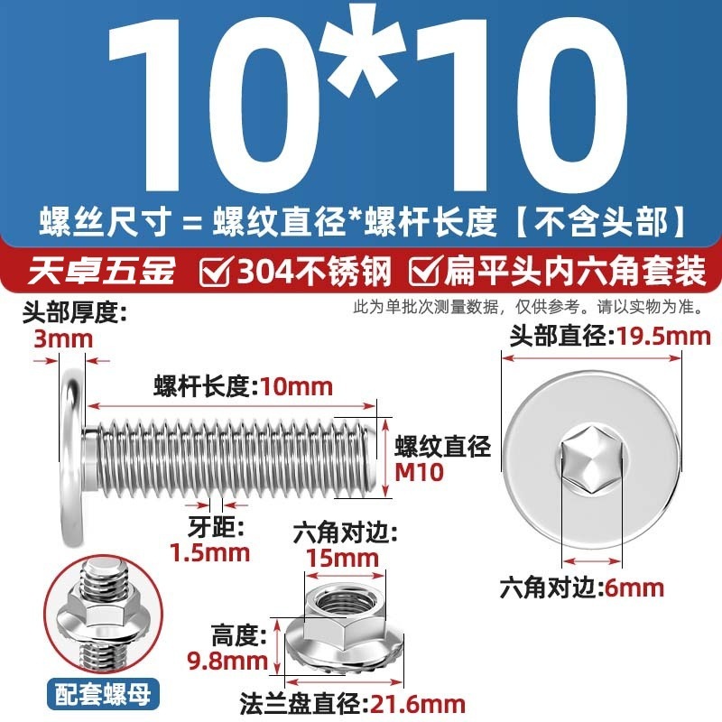 304不锈钢CM大平头超薄头C头扁平头内六角螺丝钉法兰边螺母套装M5|undefined