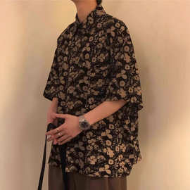 古着vintage古巴领碎花衬衫男女宽松港味设计感情侣沙滩短袖衬衣