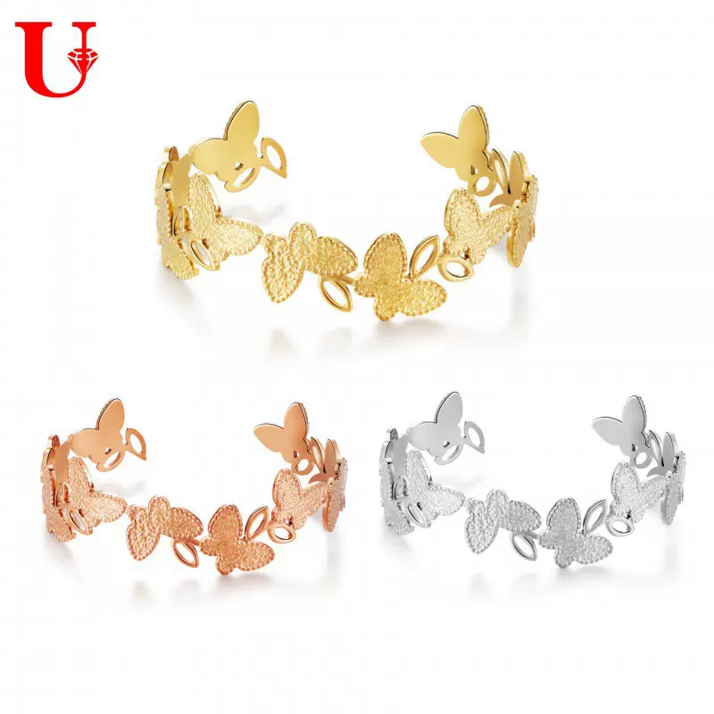 亚马逊欧美创意复古钛钢手镯蝴蝶镂空可调节开口手镯不锈钢手环女