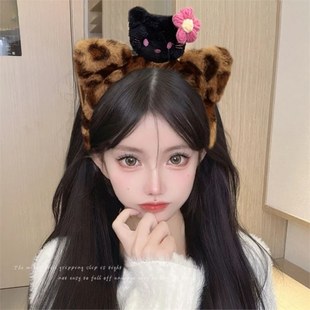 Cute Cat Sauce ~ Black Skin Kitty Cat Ears Leopard Plush Hair Hoop Female Face Wash Makeup Headband Cartoon Hair Accessories