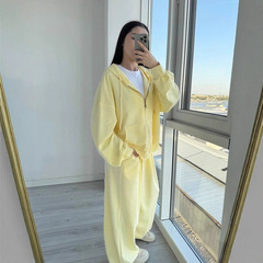 クロスボーダー高品質スリムカジュアルスーツ無地フード付きリラックスレイジースウェットシャツとパンツの女性用2点セット