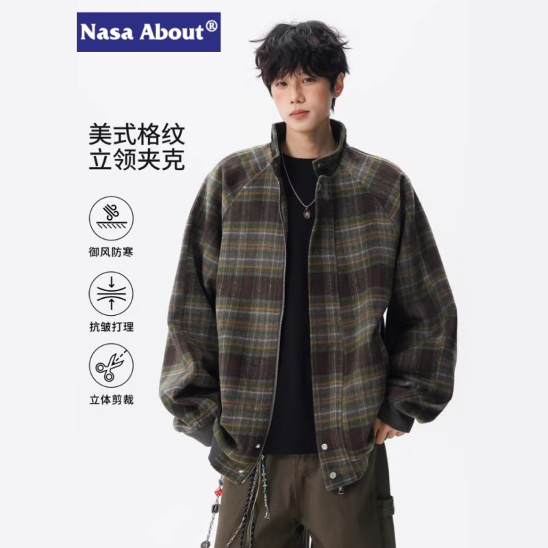 Nasa American-Style Plaid Stand-Collar Jacket for Men, Spring and Autumn 2026 New Trendy Brand Loose Casual Youth Coat