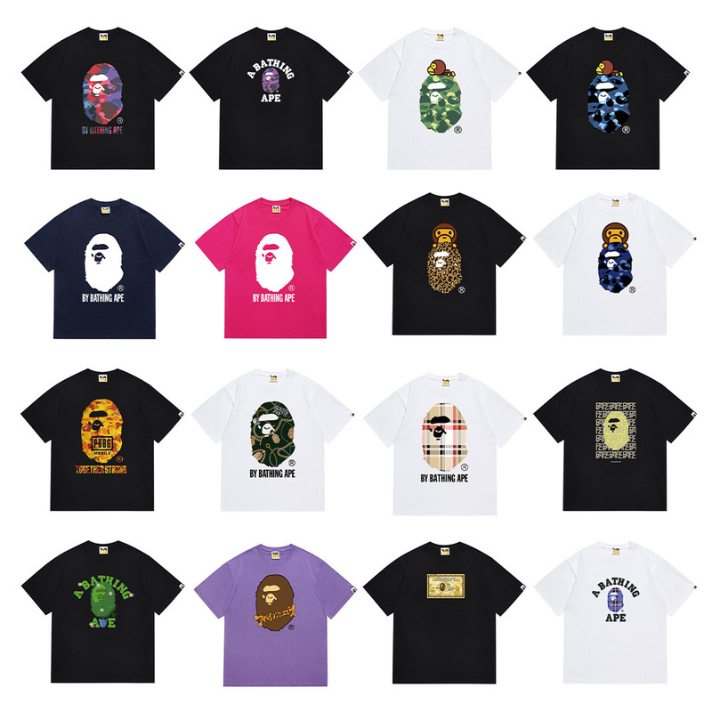 Three-Brand Cross-Border Popular Bape Short-Sleeve T-Shirt, Light Luxury Trendy Brand with Ape Head Design, Heavyweight High-Density Pure Cotton Aape Clothing