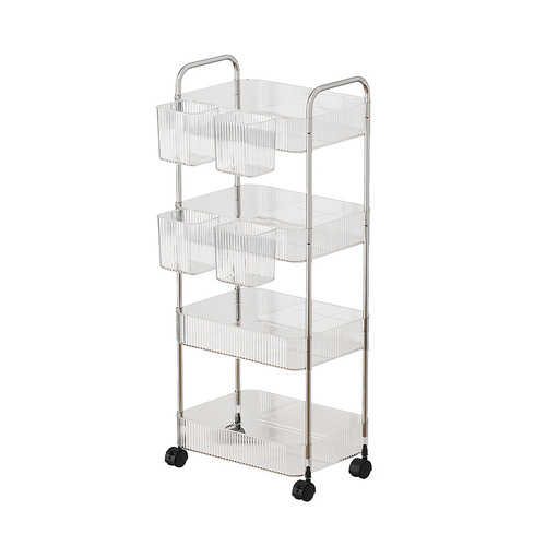 High-end home kitchen transparent white storage rack simple mobile trolley bathroom storage rack floor-standing storage rack