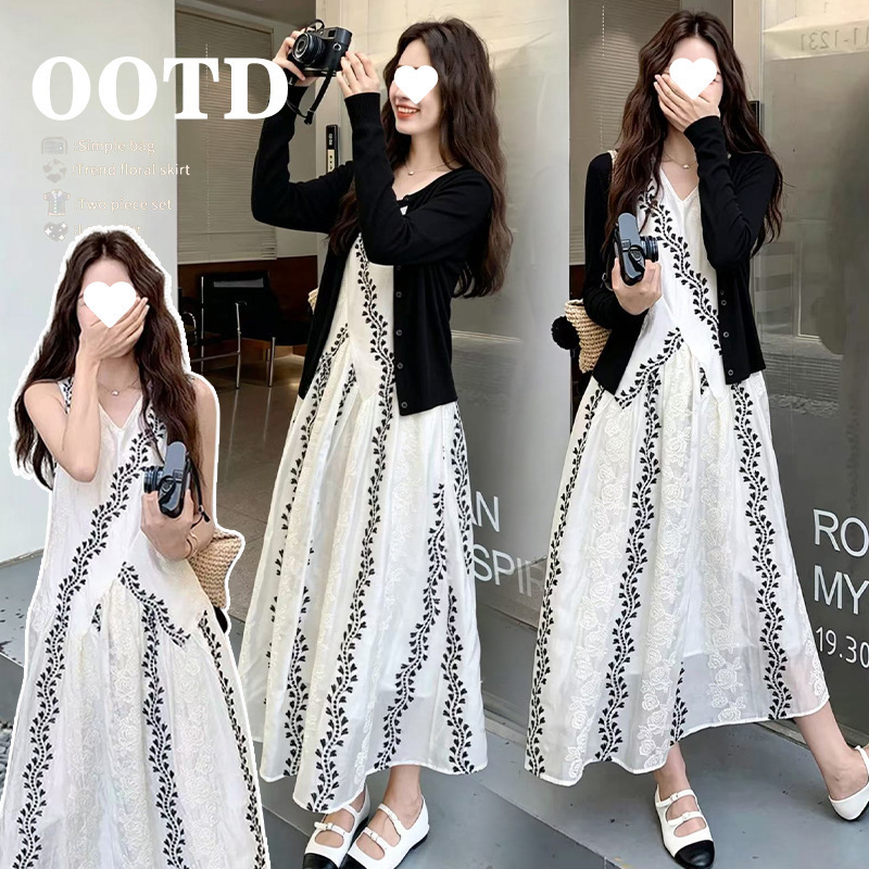 Maternity off-white ethnic-style dress, elegant tank top dress, sun protection jacket two-piece maternity set