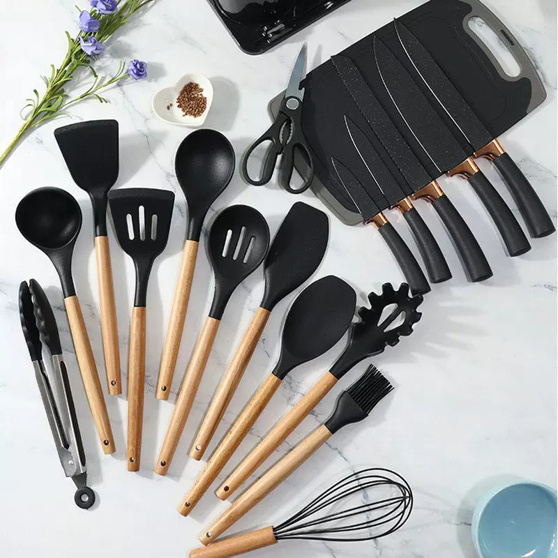 批发硅胶厨具套装刀具组合厨具套装带锅铲菜板双桶收纳家用套装