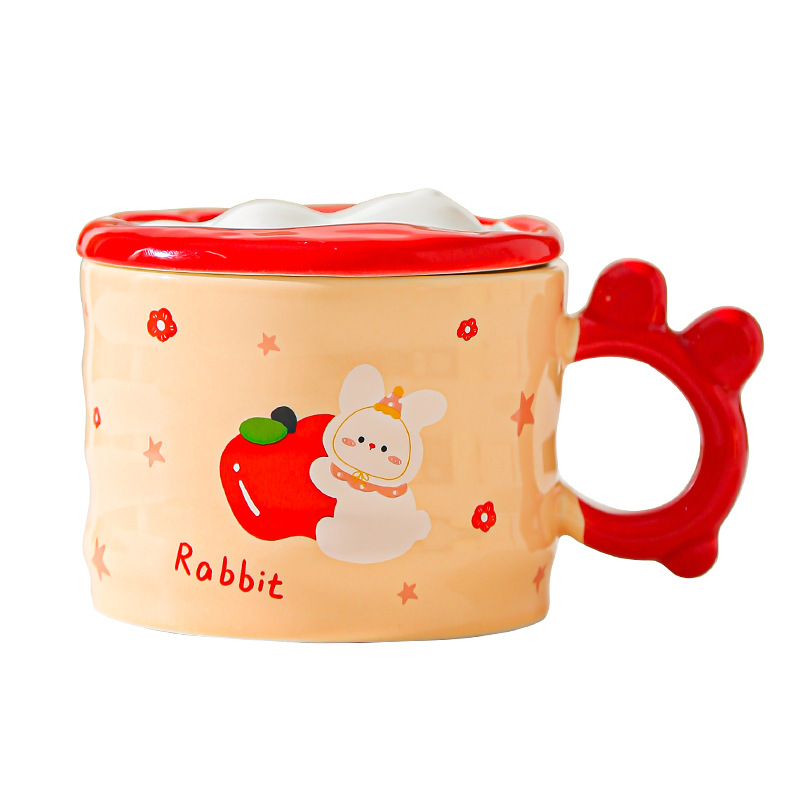 Conejo de dibujos animados con tazas de cerámica con tapa para niñas tazas de marca resistentes a altas temperaturas lindas tazas de agua creativas tazas de oficina pequeñas tazas de regalo