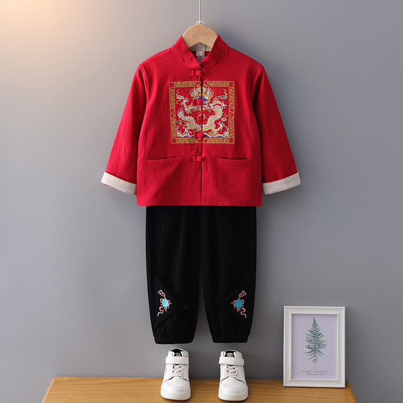 唐装男童套装春秋款男孩子中国风刺绣汉服两件套童装传统改良唐装|ms