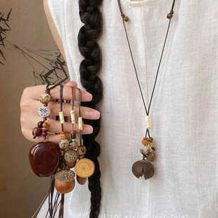 Wooden Front Tone Chinese Style Long Wax Rope Acorn Pendant Necklace New Chinese Style Bohemian Style Retro Accessories