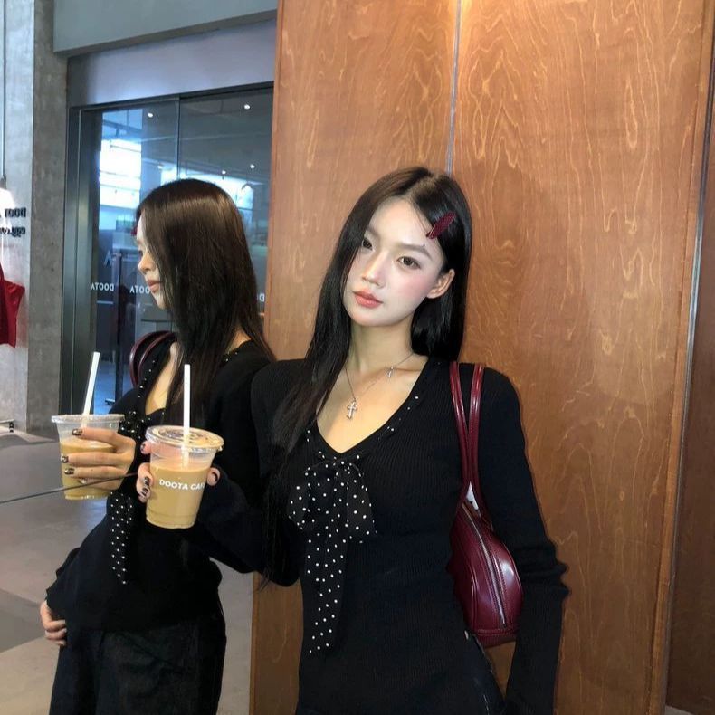 法式复古波点拼接蝴蝶结长袖T恤女春秋新款修身显瘦减龄百搭上衣|undefined