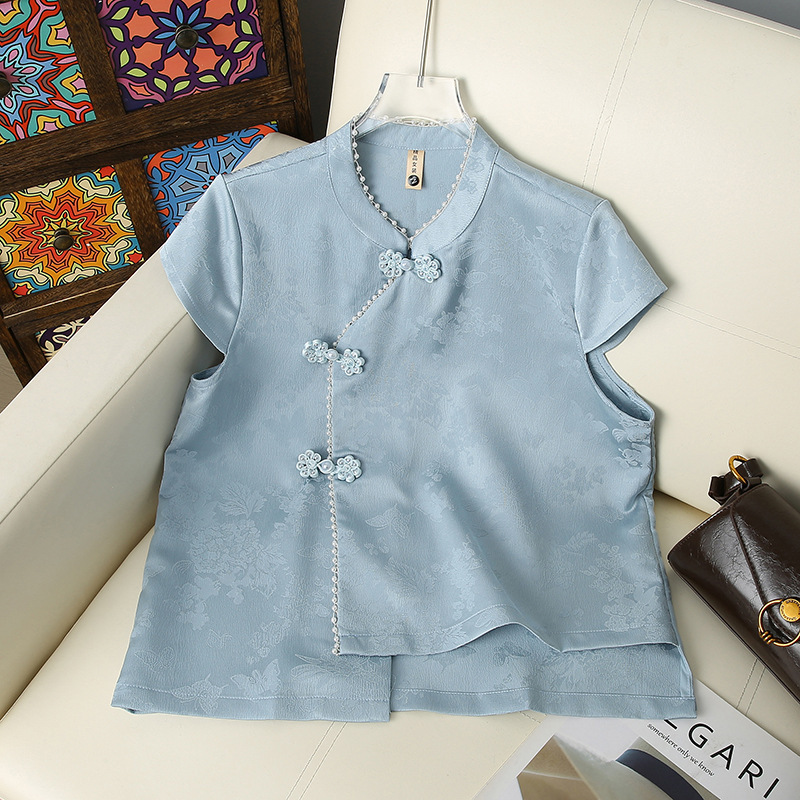 Summer 2025 New Chinese Style Stand-Up Collar Slanted Shirt Women's Fashionable Retro Versatile Slim Shirt