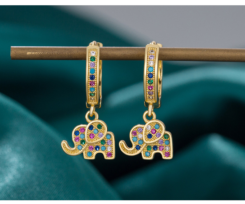 14g Weight Gold Plated Plating Material Zircon Inlay Material Drop Earrings Classification 1 Pair Quantity Street Occasion Copper Material Elephant Pattern Women's Gender Inlay Design Sweet Style 1 Pair Sweet Elephant Inlay Copper Zircon Gold Plated Drop Earrings