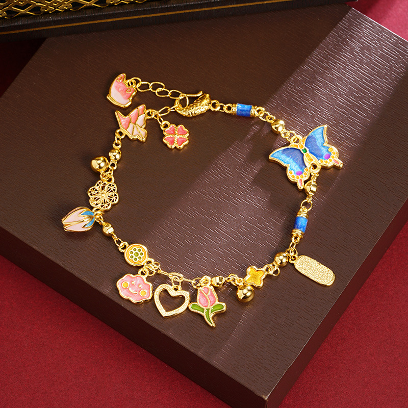 Nuevo estilo chino antiguo pulsera de oro estilo palacio colorido pulsera de mariposa azul para mujeres no se desvanecen joyas de mano