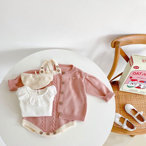  Spring and Autumn Clothes for Infant Girls Knitted Embroidered Sweater Jacket + Twist Romper Suit Single Shot
