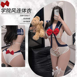 情趣内衣蝴蝶结开裆连体衣制服学生性感内衣激情睡衣套装119