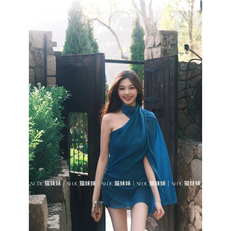 Сексуальное струящееся синее платье с лямкой на шее и плавными рукавами Pure Lust, нишевый дизайн, короткая юбка с открытыми плечами для женщин, лето