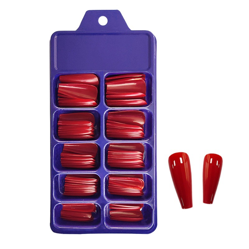 Uñas de ballet extra largas de color caramelo, 100 piezas en una pequeña caja azul con blíster, caja transparente, puntas de uñas trapezoidales con forma de ataúd.
