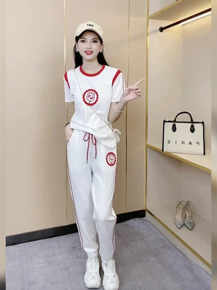 Модный Повседневный Спортивный костюм в стиле Chanel, Женский Летний Новый свободный костюм с короткими рукавами и завязками на щиколотке в Корейском стиле, костюм из двух частей