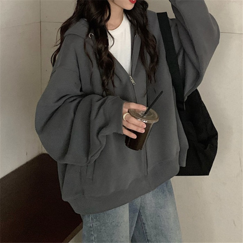 连帽卫衣女秋oie新薄款拉链外套is潮牌宽松慵懒风开衫上衣|undefined