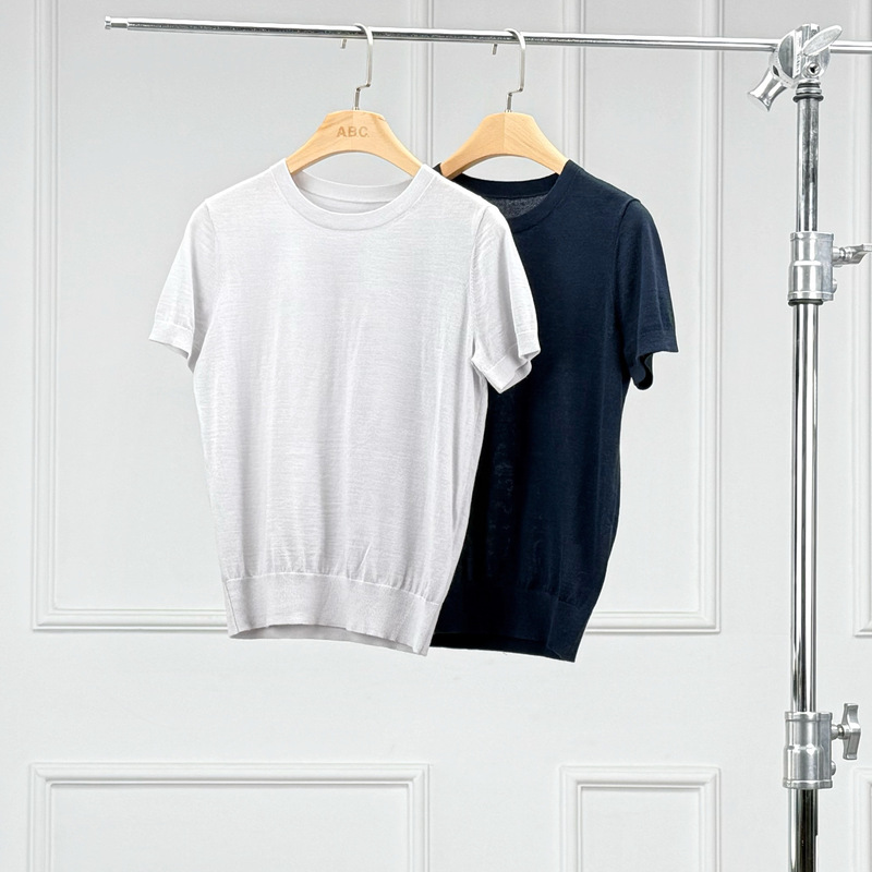 Clearance Sale Special Price Kw043 European and American Style Skin-Friendly Comfortable Versatile Delicate Women's Wool Blend Short-Sleeve Knit Top