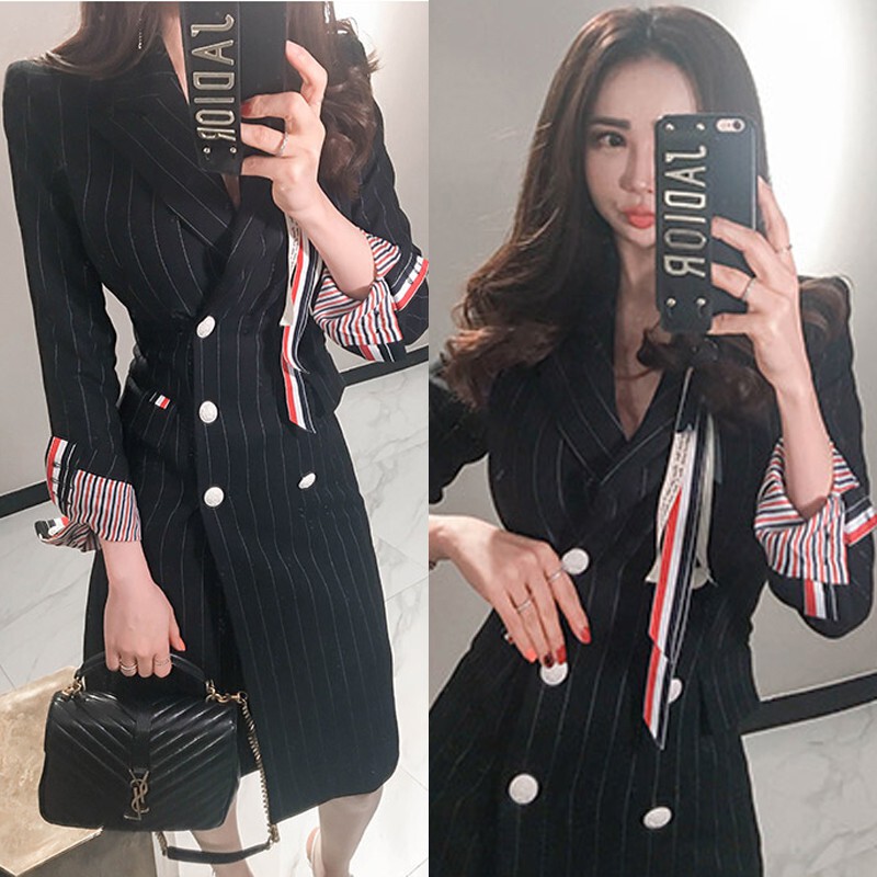 Socialite Style Mid-Length Stripesd Double-Breasted Waist Jacket 2024 New Korean Style Slim Suit Windbreaker