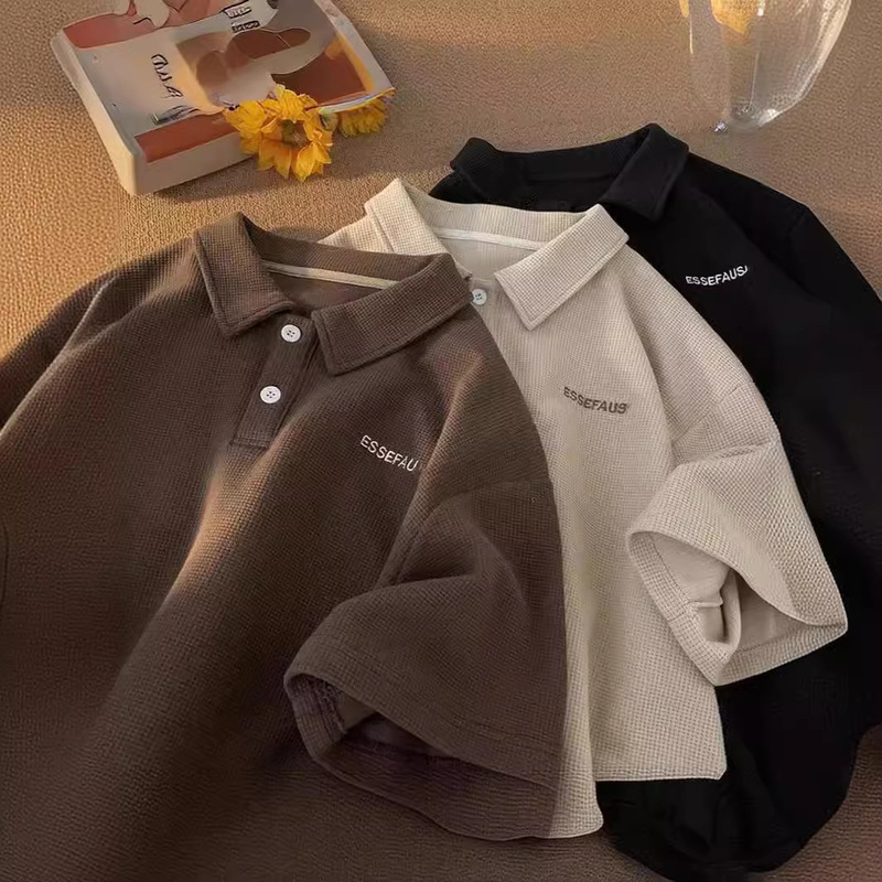 Fashion Polo Shirt with a Turn-Down Collar, Three-Quarter Sleeve T-Shirt for Men, Casual Versatile Summer Trendy Waffle Print Half-Sleeve Top