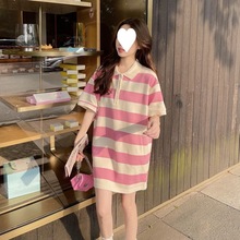 法式甜美粉色条纹polo连衣裙女2023夏季新款韩系休闲宽松短袖裙子