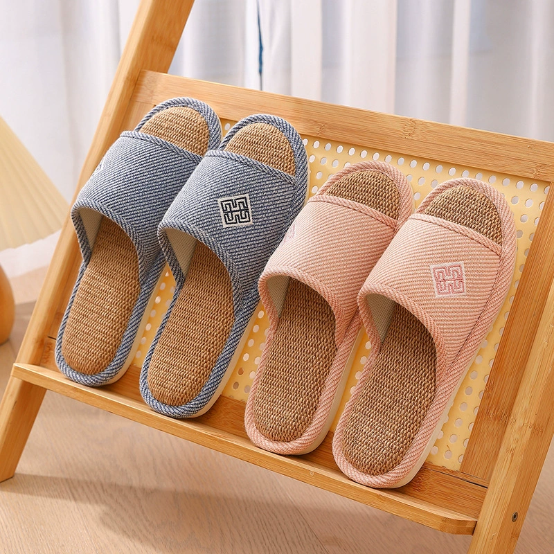 Домашние льняные тапочки мужская комнатная пара противоскользящая бесшумная четыре сезона половинная сумка тапки мягкие и дышащие прохладные тапки женские оптом