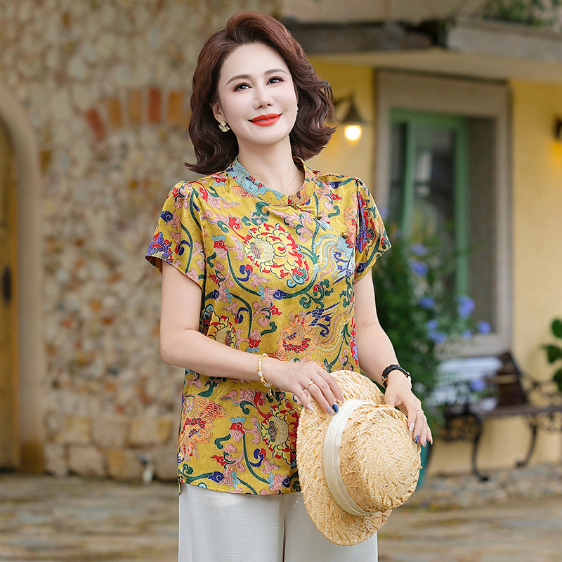 妈妈夏装新中式国风立领小衫2025新款中老年女装夏季短袖T恤上衣|undefined