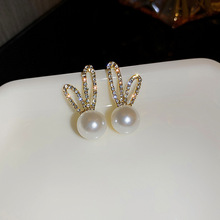 S925銀針韓國珍珠鑲鑽兔耳朵小兔子甜美女生021年新款潮耳飾
