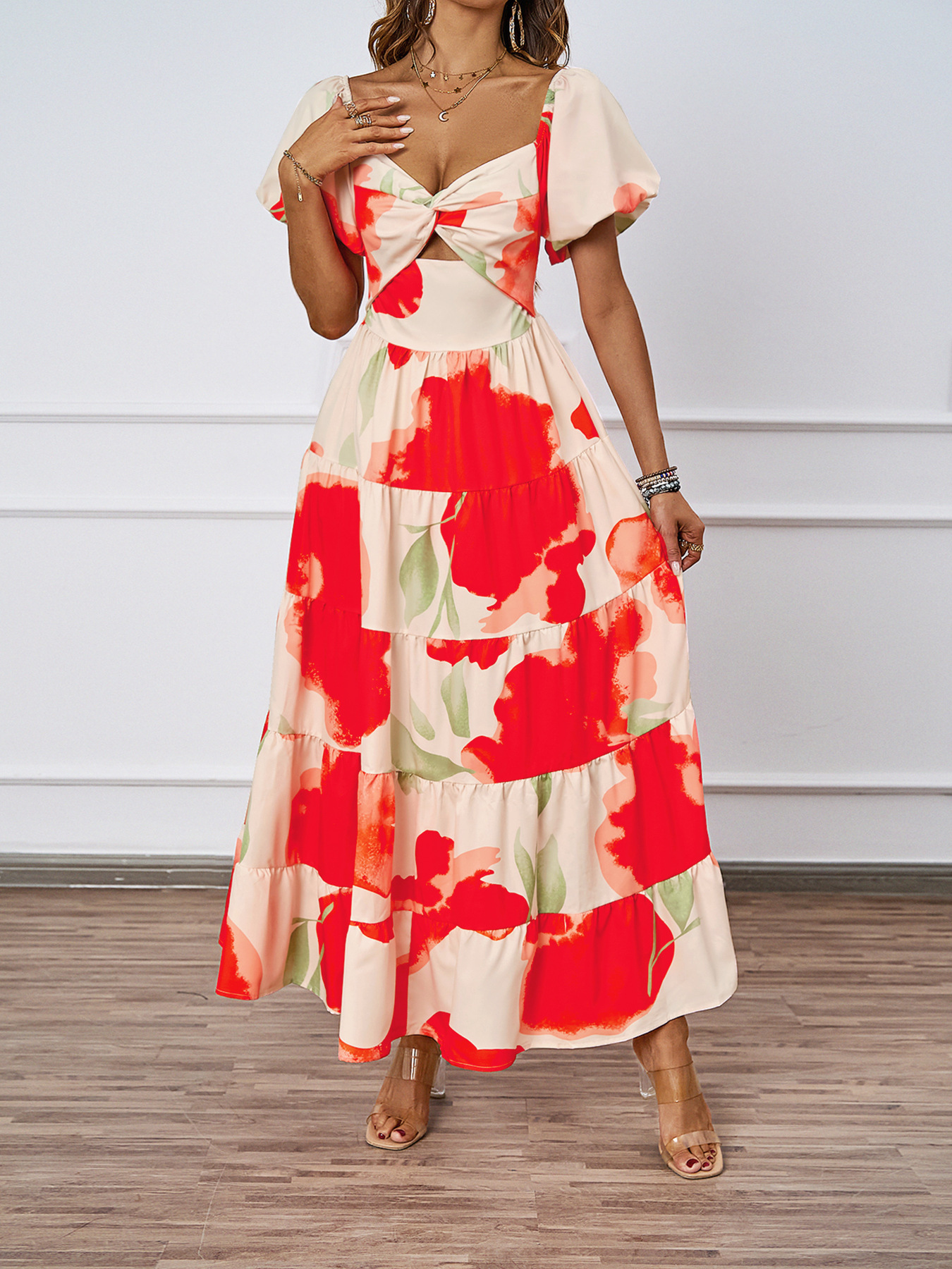 455g Weight Maxi Long Dress Dress Length Type Short Sleeve Sleeve Length Swing Dress Dresses Type Puff Sleeve Sleeve Type Polyester Fabric Type High Waist Waist Line Holiday, Daily Occasion Off Shoulder Neckline Regular Fit Fit Type Color Block, Painted Flower Pattern Summer Season Women's Gender Printing Design Elegant, Streetwear Style Wholesale Women's Elegant Streetwear Printing Color Block Painted Flower  Holiday Daily Off Shoulder Short Sleeve Swing Dress 9