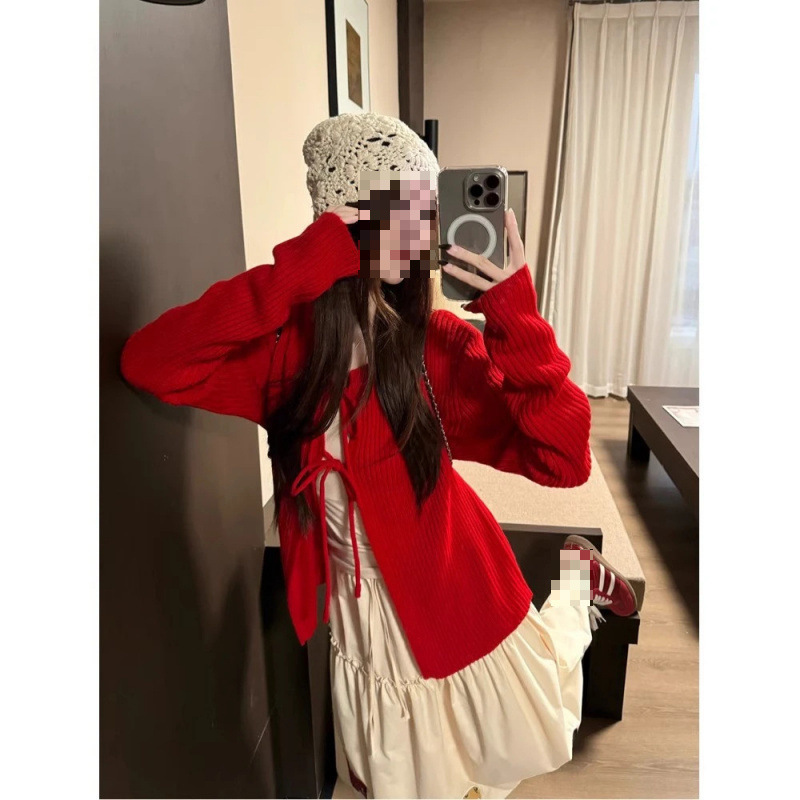 小众长袖T恤蝴蝶结绑带针织衫外套温柔风套装女春季半身裙三件套|undefined