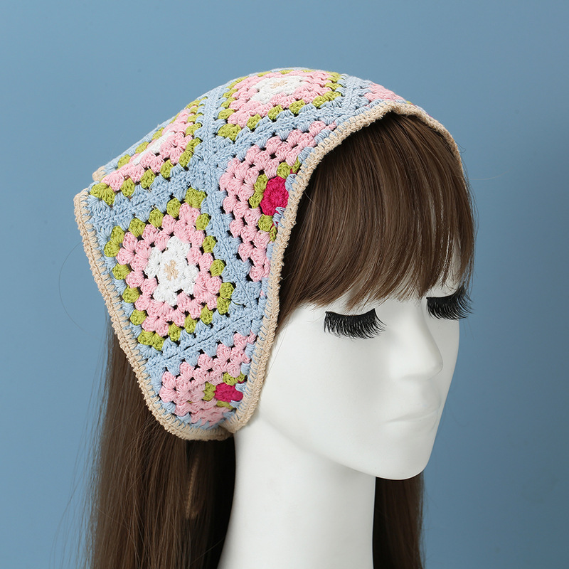 法式鏤空鈎花三角巾甜美針織頭巾夏季出遊包頭巾少女氣質綁帶頭巾