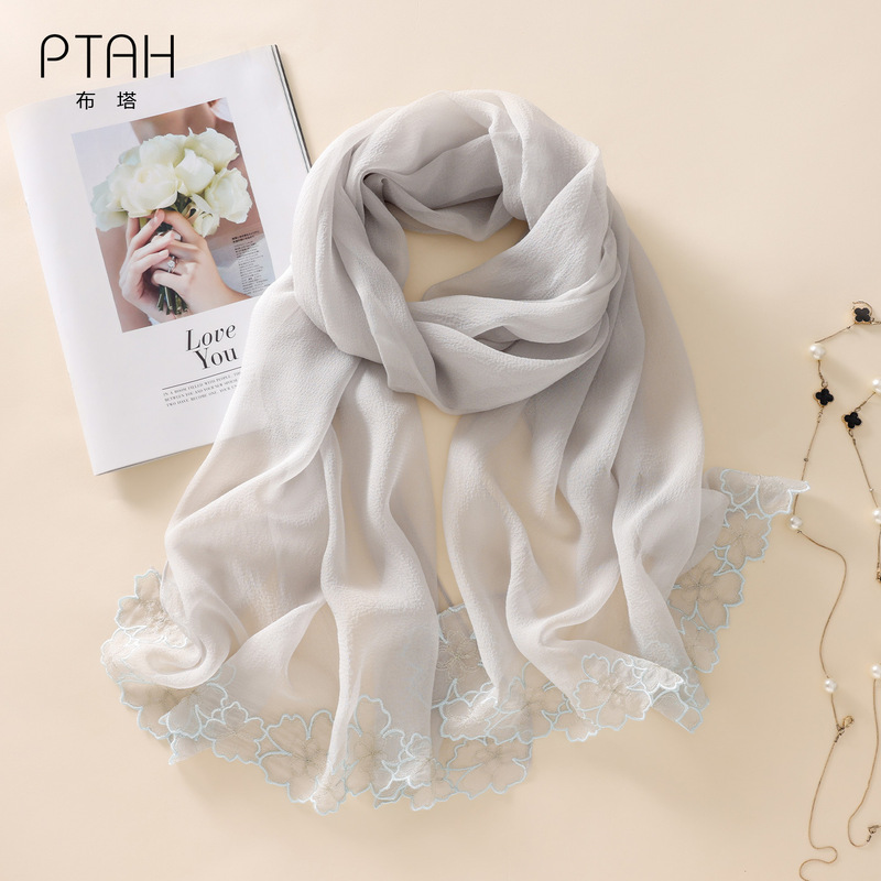 Buta silk thin embroidered scarf with lace trim, suitable for spring and summer, sun protection, photography, and travel, versatile PT26Q210 Buta silk thin embroidered scarf with lace trim, suitable for spring and summer, sun protection, photography, and travel, versatile PT26Q210