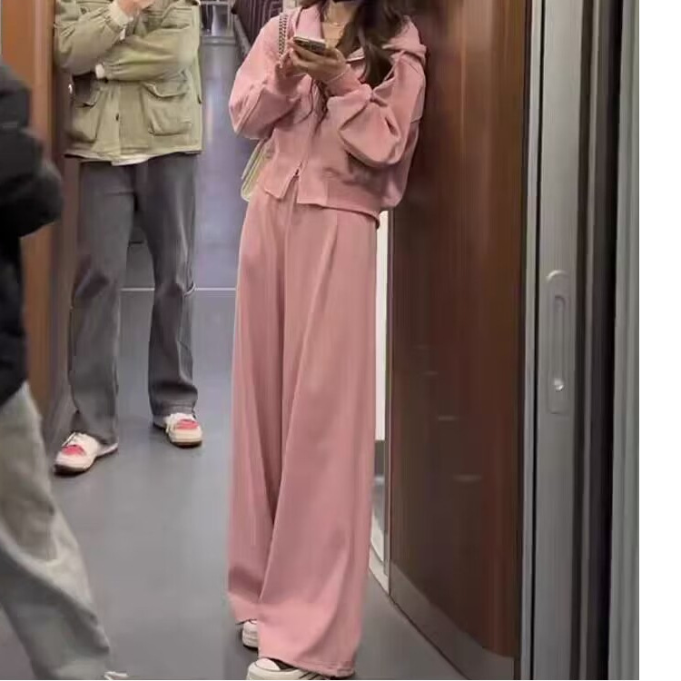 2025新款粉色韩风chic秋季套装女装显瘦宽松连帽时尚运动休闲服|undefined