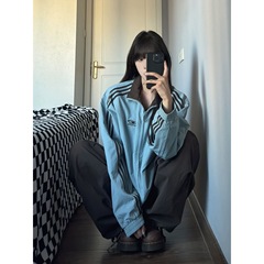 美式复古拼接条纹两面穿连帽外套女宽松设计感小众休闲百搭棒球服