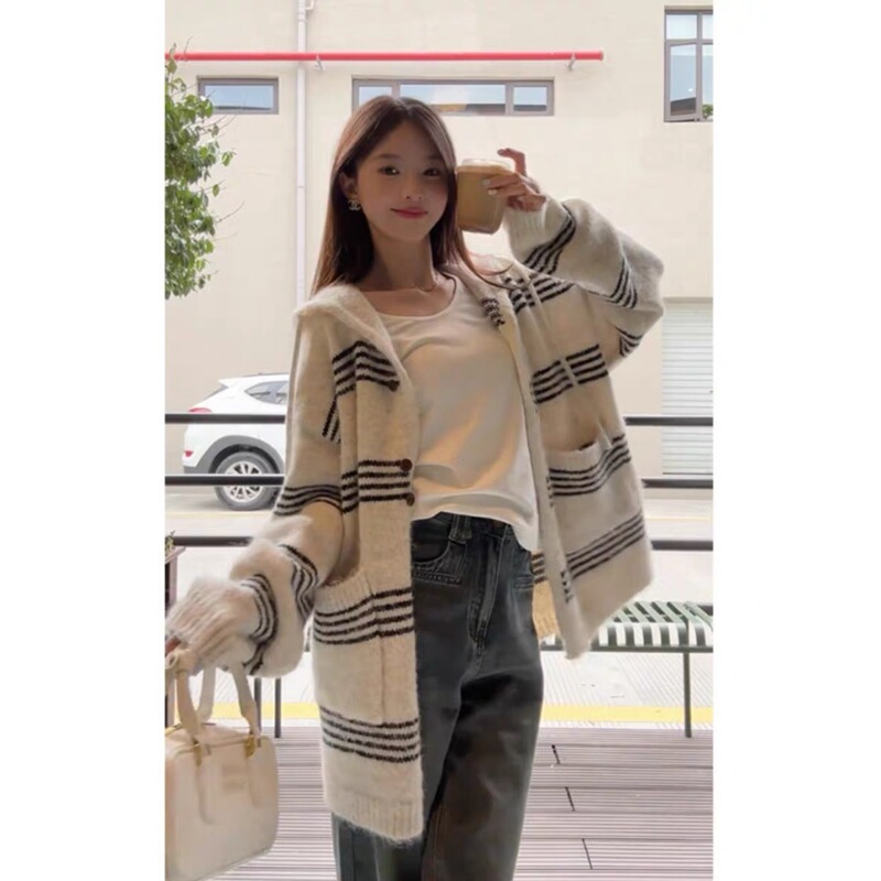 Real Price # Alpaca Wool # Lazy Style Striped Hooded Sweater Jacket for Women Autumn and Winter Loose Mid-Length Knitted Cardigan