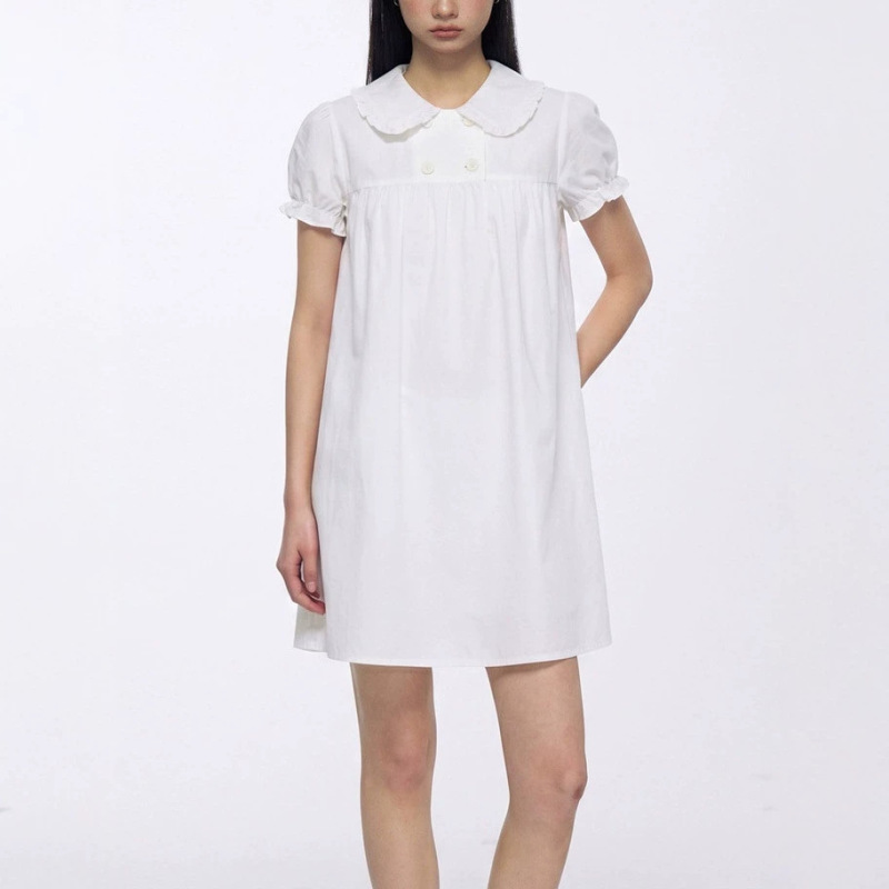 Archivm Double-Breasted Puff Sleeve Linen Blend Doll Collar Shirt Dress with a Fitted Design Archivm Double-Breasted Puff Sleeve Linen Blend Doll Collar Shirt Dress with a Fitted Design