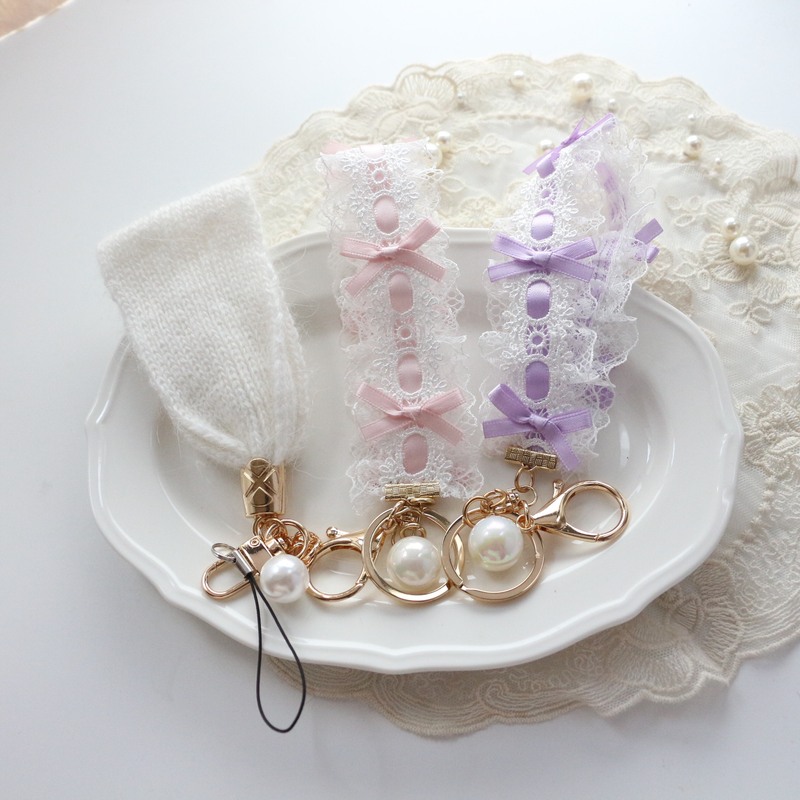 Korean Niche Design Pearl Lace Bow Bag Car Keychain Pendant Fashion Texture Wristband