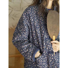 中式短款棉服女冬夹棉手工棉袄盘扣保暖禅茶服碎花民族风复古文艺