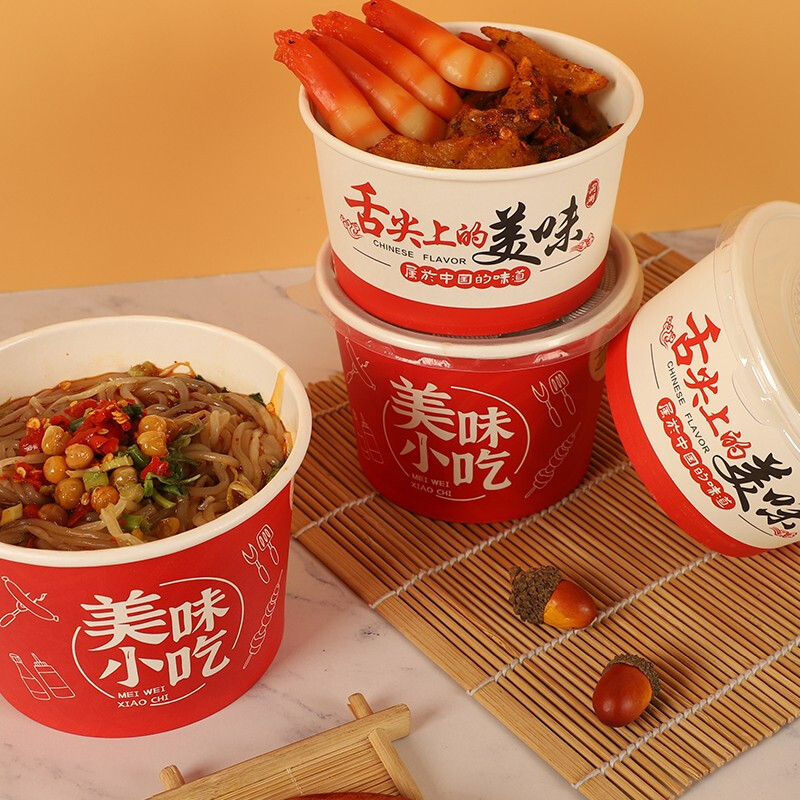 Tazón de papel desechable al por mayor caja de almuerzo redonda merienda caja de embalaje inauguración boda rojo tazón desechable comercial para llevar