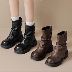 不二靴坊美ラードショートブーツ女性春と秋のシングルブーツ2024新作厚い底の茶色のズボンの管の騎士のマーティンブーツ