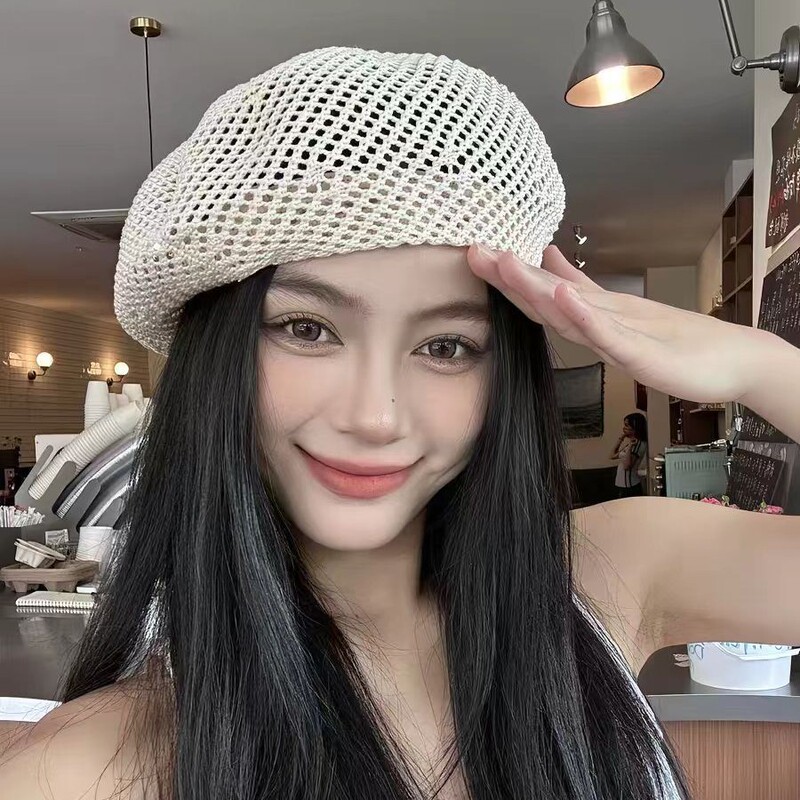 Woven Hollow-Out Straw Hat, Breathable and Fashionable Artist Hat, Face-Slimming Knit Hat, Summer Beach Outing Sun Protection Beret