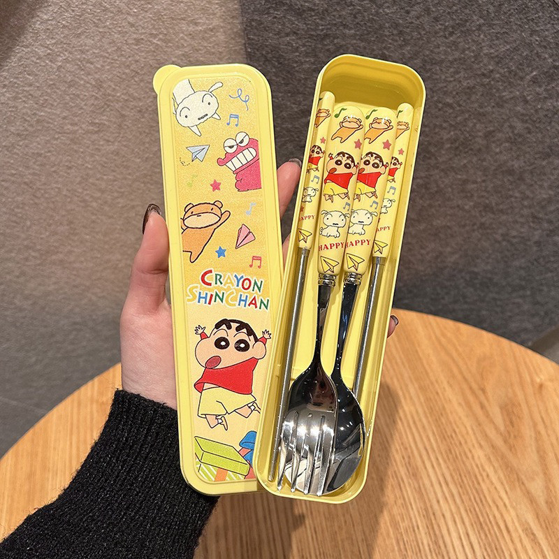 Crayon Shin-Chan Stainless Steel Long-Handled High-Appearance-Value Spoon, Fork, and Chopsticks Cute Dormitory Home Portable Tableware Three-Piece Set Box Crayon Shin-Chan Stainless Steel Long-Handled High-Appearance-Value Spoon, Fork, and Chopsticks Cute Dormitory Home Portable Tableware Three-Piece Set Box