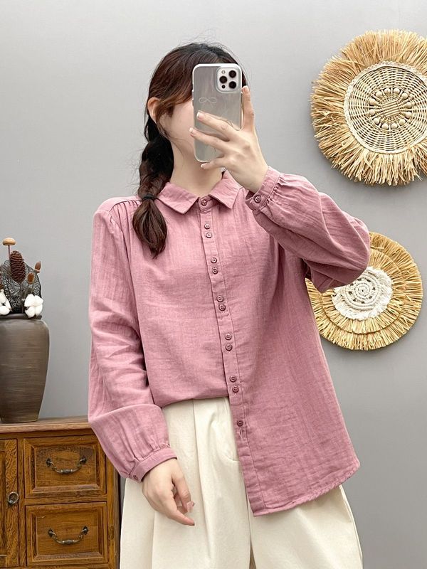 6602简约纯色双层棉纱长袖衬衣女 2025春秋新款休闲显瘦上衣 批发|undefined