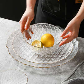 46P2日式金边透明玻璃碗碟套装家用高颜值餐具水果盘蔬菜沙