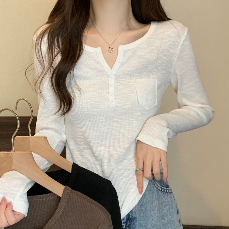 Pure Lust Style V-Neck Buttoned Threaded Ice Silk Long-Sleeved T-Shirt for Women White Summer New Korean Style Slim Asymmetrical Top