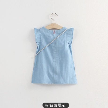 A girl's denim sundress with a crossbody bag, small flutter sleeves, child's backless dress, summer style, cartoon for girls, drop shipping one piece