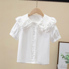 Little Girls' Short-Sleeve Shirt 2024 New Design Medium and Large Children Pure Cotton Edge Stylish Blouse Summer Princess Top Drop Shipping